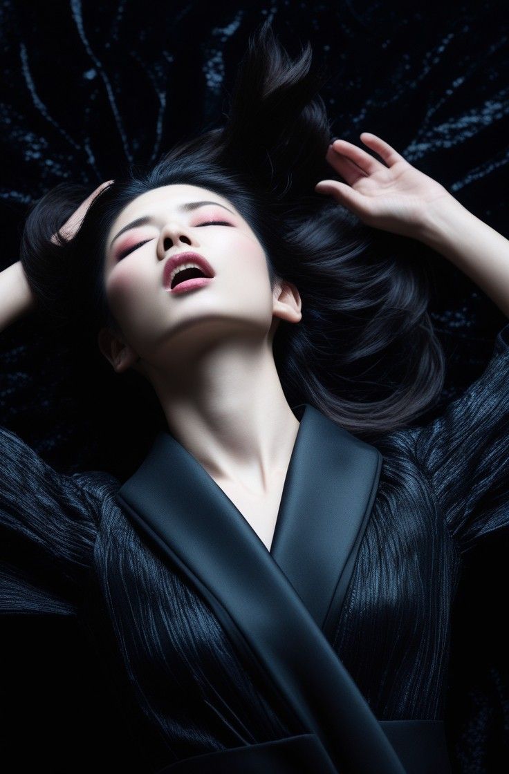 Woman with long black hair and pink eyeshadow in a provocative pose