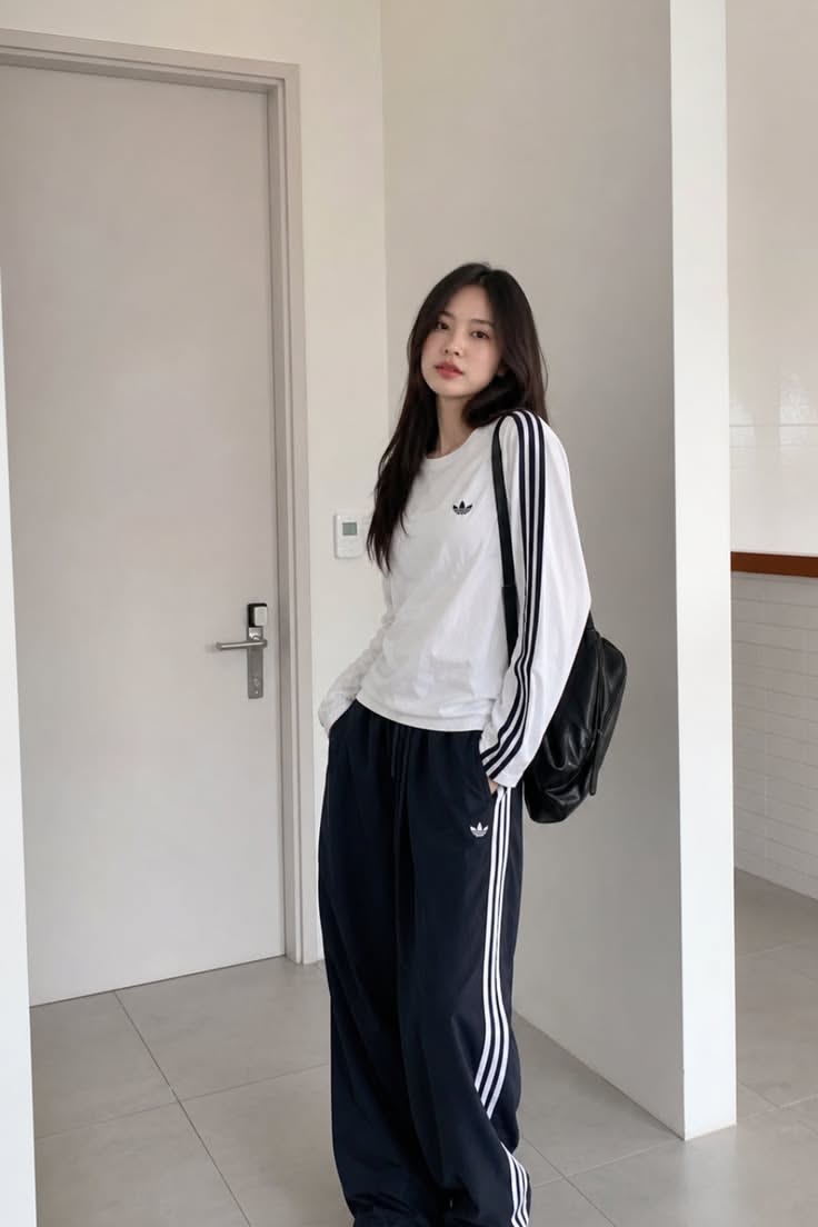 Woman in a white long sleeve shirt and black track pants indoors