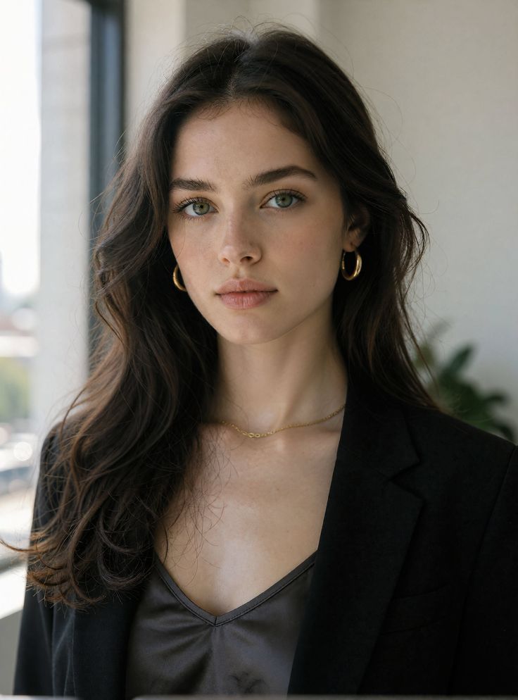 Woman with long dark hair and green eyes wearing a black blazer and gold jewelry