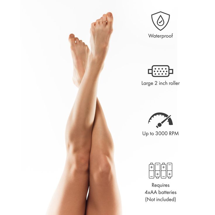 Bare legs crossed against a white background with product features