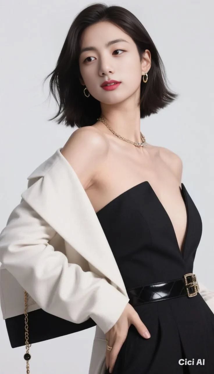 Woman with short black hair in a deep V-neck dress and white jacket