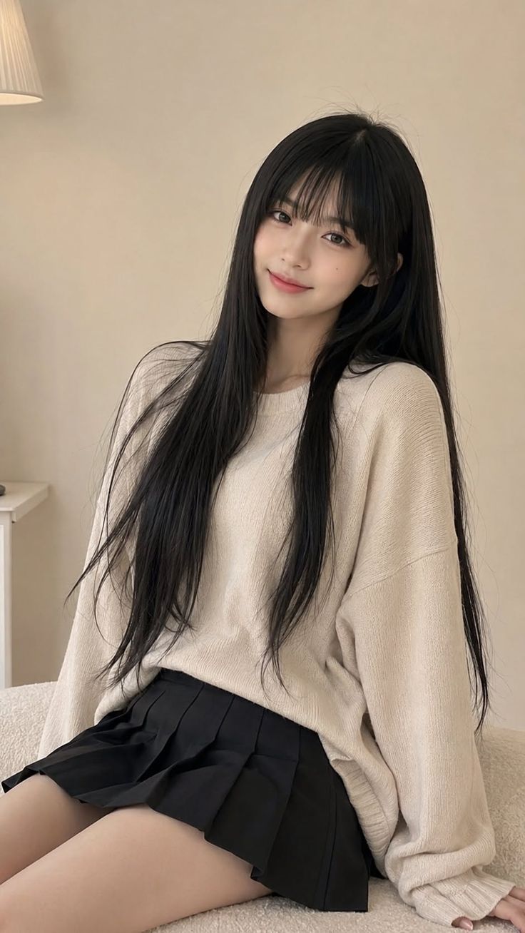 Woman with long black hair and bangs wearing a sweater and pleated skirt indoors