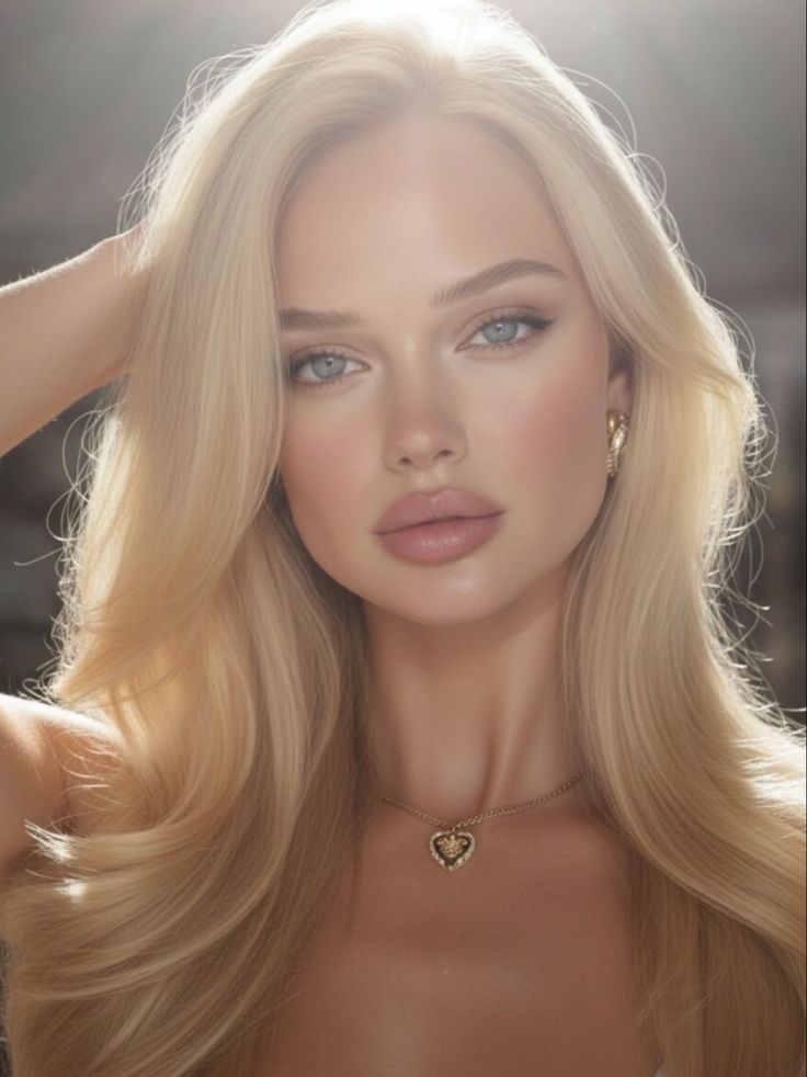 Blonde woman with blue eyes and a heart pendant necklace