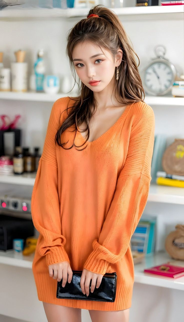 Woman in an orange sweater dress holding a black clutch indoors