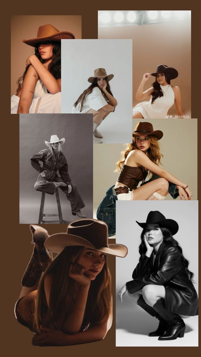 Collage of women wearing cowboy hats in various poses and outfits