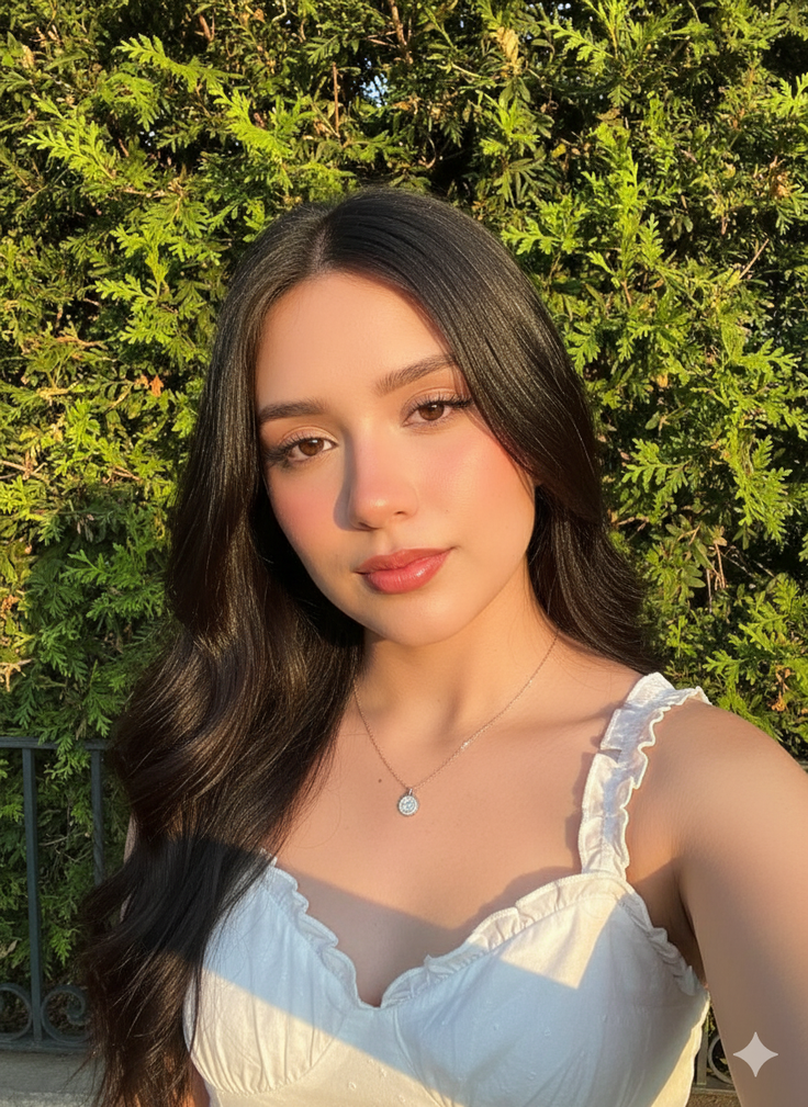 Woman with long dark hair wearing a white top and necklace outdoors