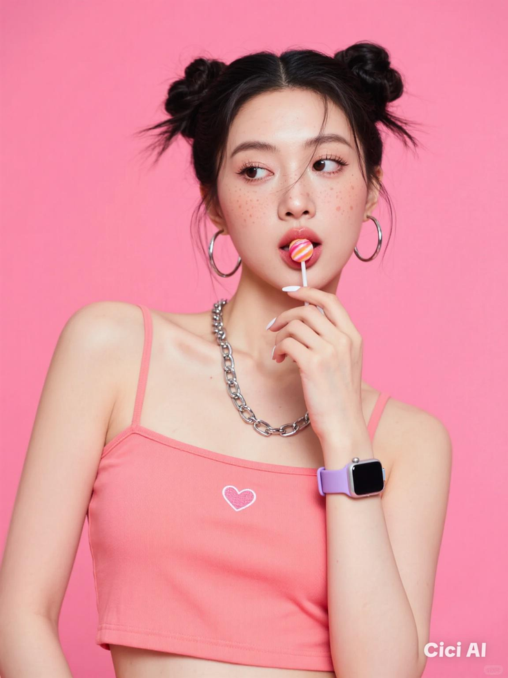 Woman with space buns and freckles holding a lollipop against a pink background