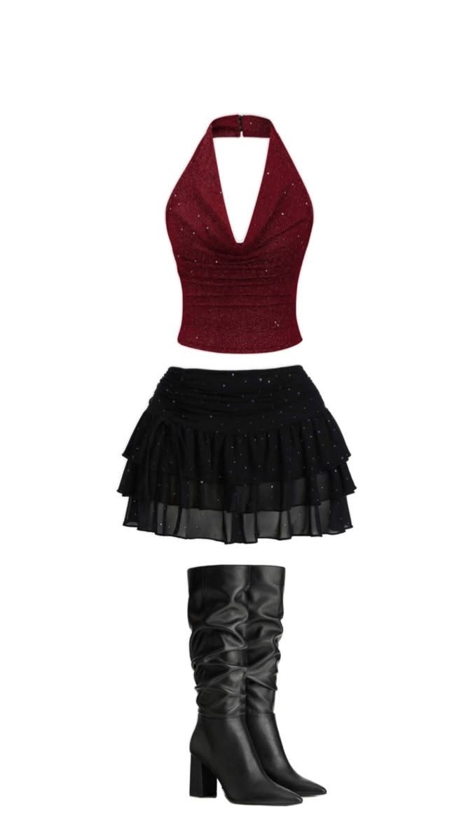 Red sparkly halter top with a black ruffled mini skirt and black boots