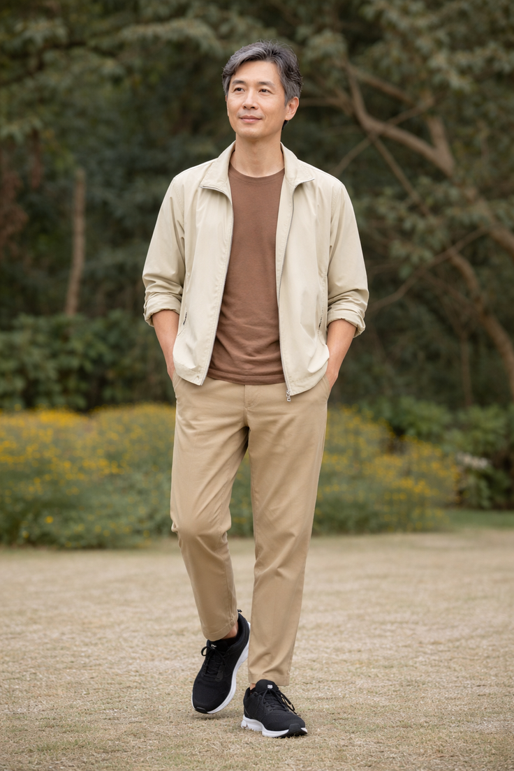 Man in a beige jacket and khaki pants standing outdoors
