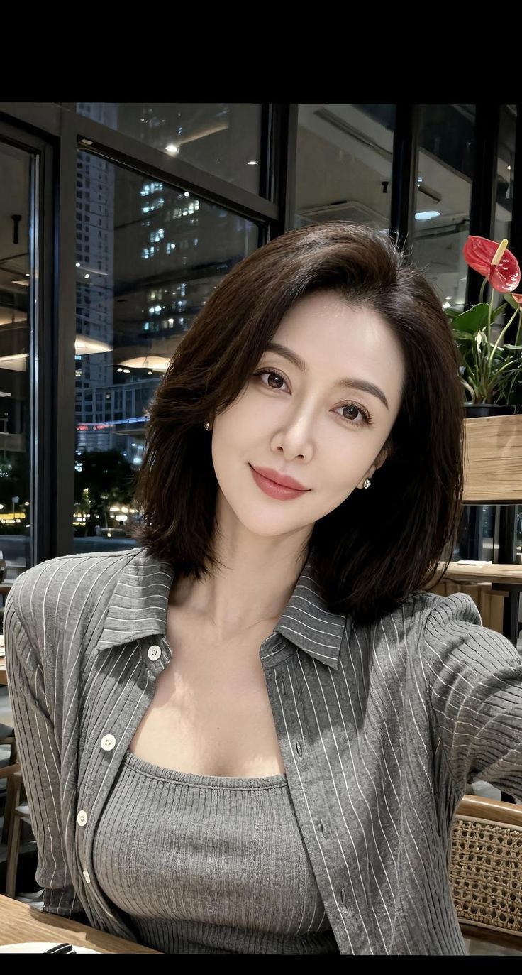 Woman with short hair wearing a striped shirt indoors at night