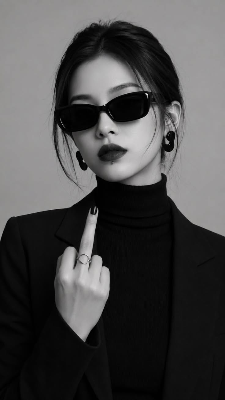 Woman in sunglasses and a turtleneck showing her middle finger