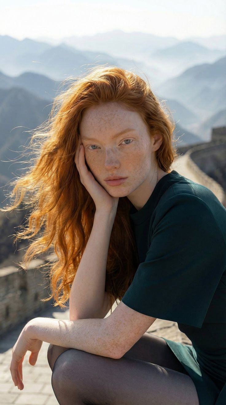 Woman with red hair and freckles posing outdoors with mountains in the background