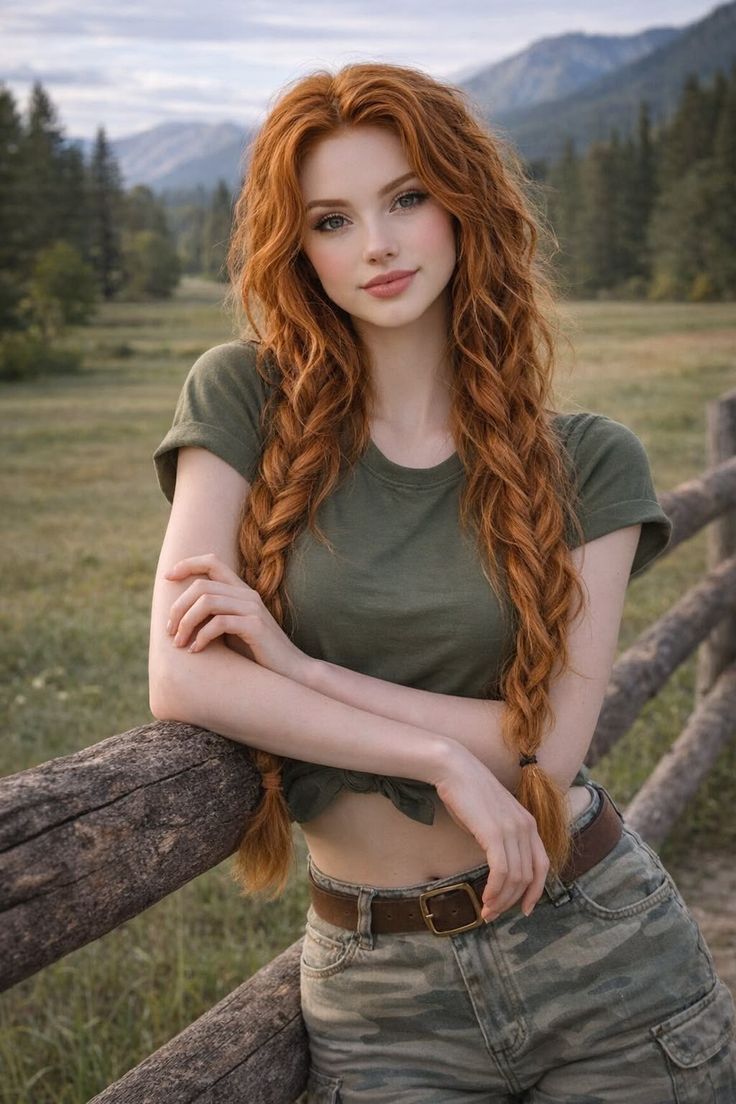 Woman with long red braided hair in a green t-shirt and camouflage shorts outdoors