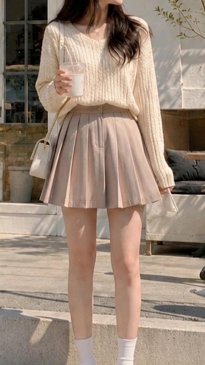 Person in a cream knitted sweater and pleated skirt holding a drink outdoors
