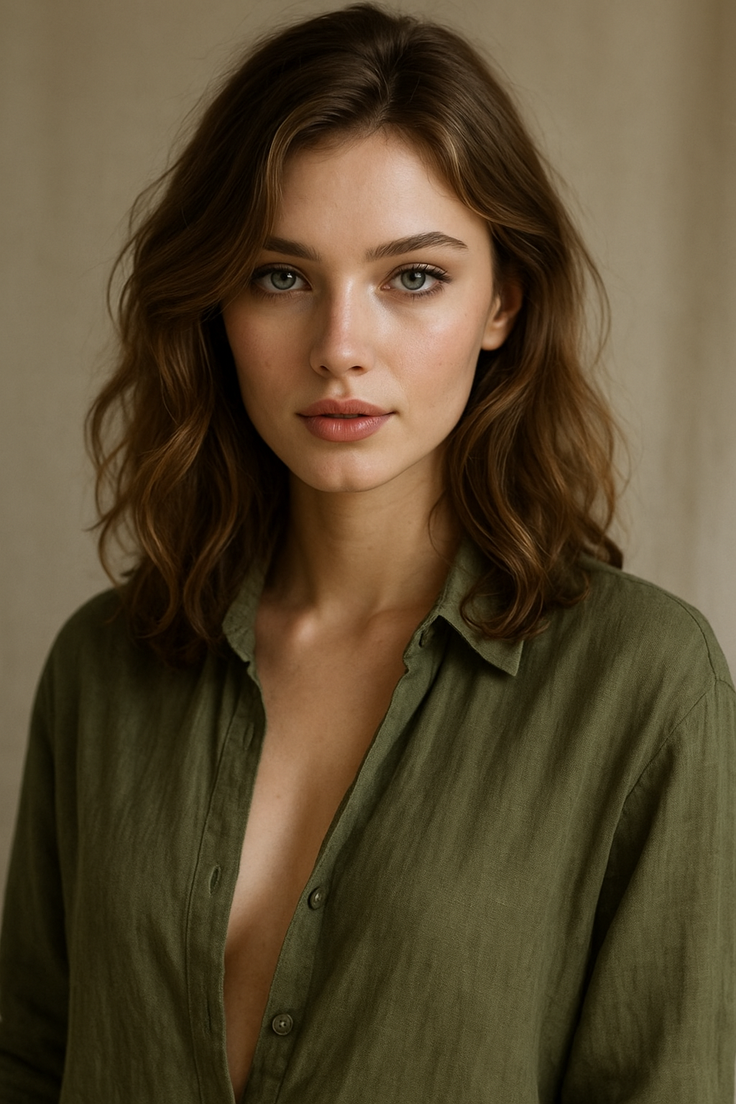 Woman with wavy hair and green eyes wearing an unbuttoned green shirt