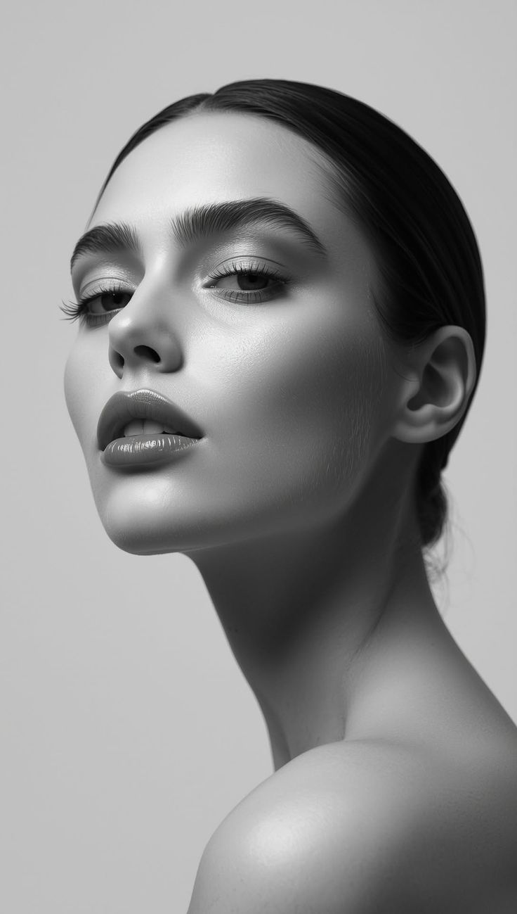Black and white portrait of a woman with dark hair and glamorous makeup