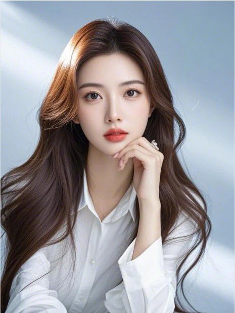 Woman with long brown hair wearing a white shirt and ring, looking at the camera