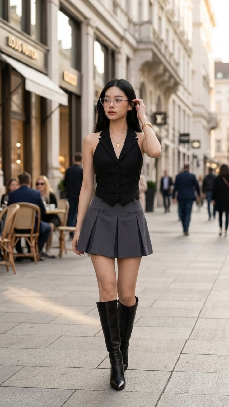 Woman in a black top and pleated skirt walking on a city street