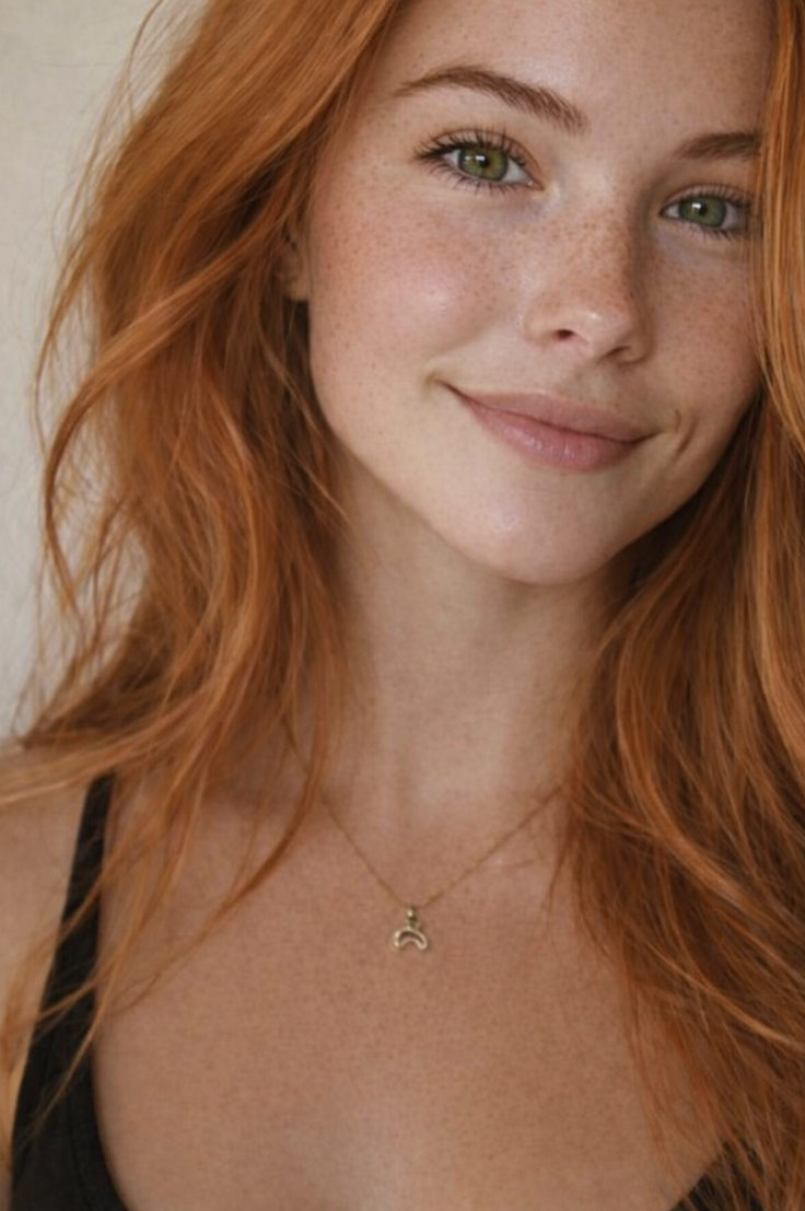 Close up portrait of a smiling woman with red hair and freckles