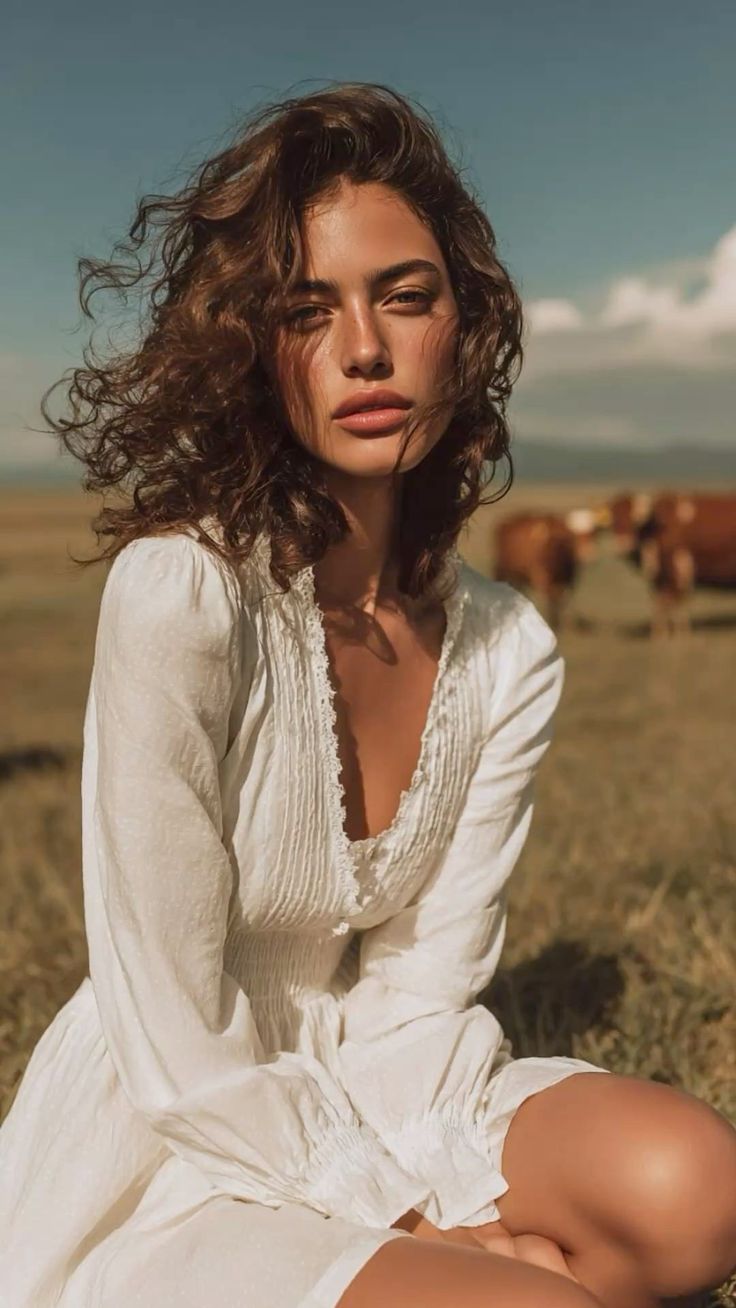 Woman with curly hair in a white dress sitting in a field with cows