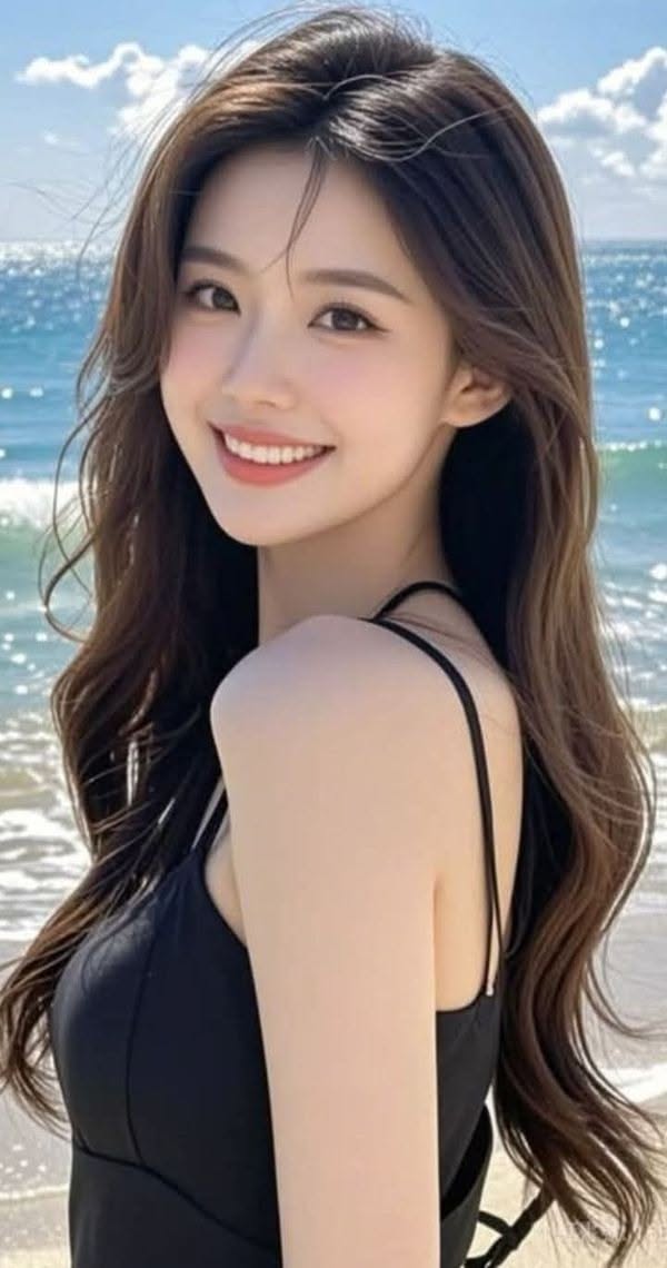 Woman with long hair in a black swimsuit smiling at the beach
