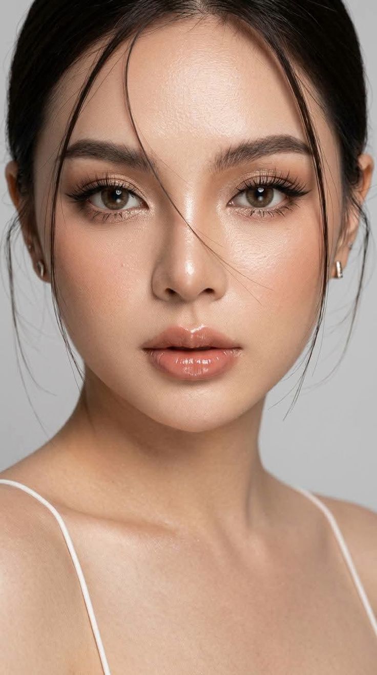 Close-up portrait of a woman with dark hair and natural makeup