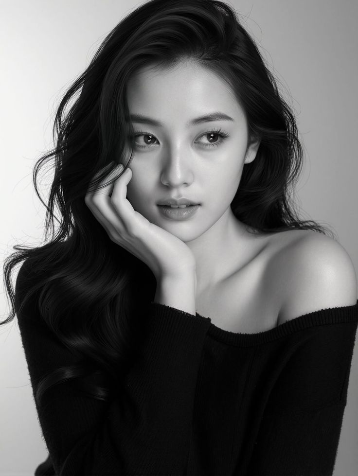 Woman with long dark hair wearing an off-shoulder top, in black and white