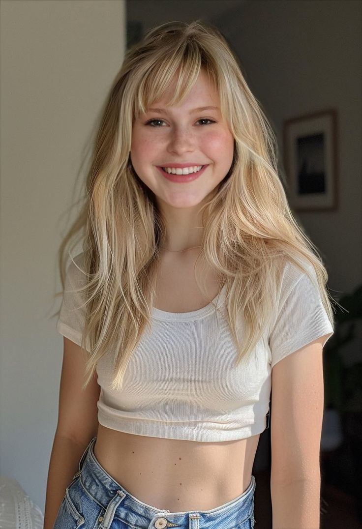 Blonde woman with long hair and freckles smiling in a white crop top and jeans