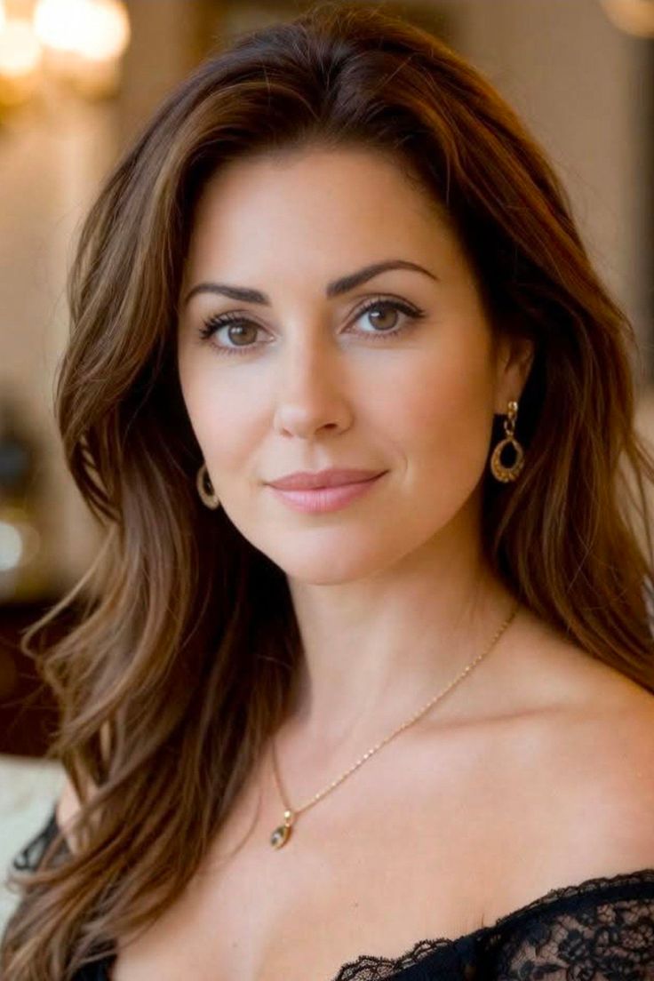 Woman with long brown hair wearing jewelry and an off-the-shoulder top