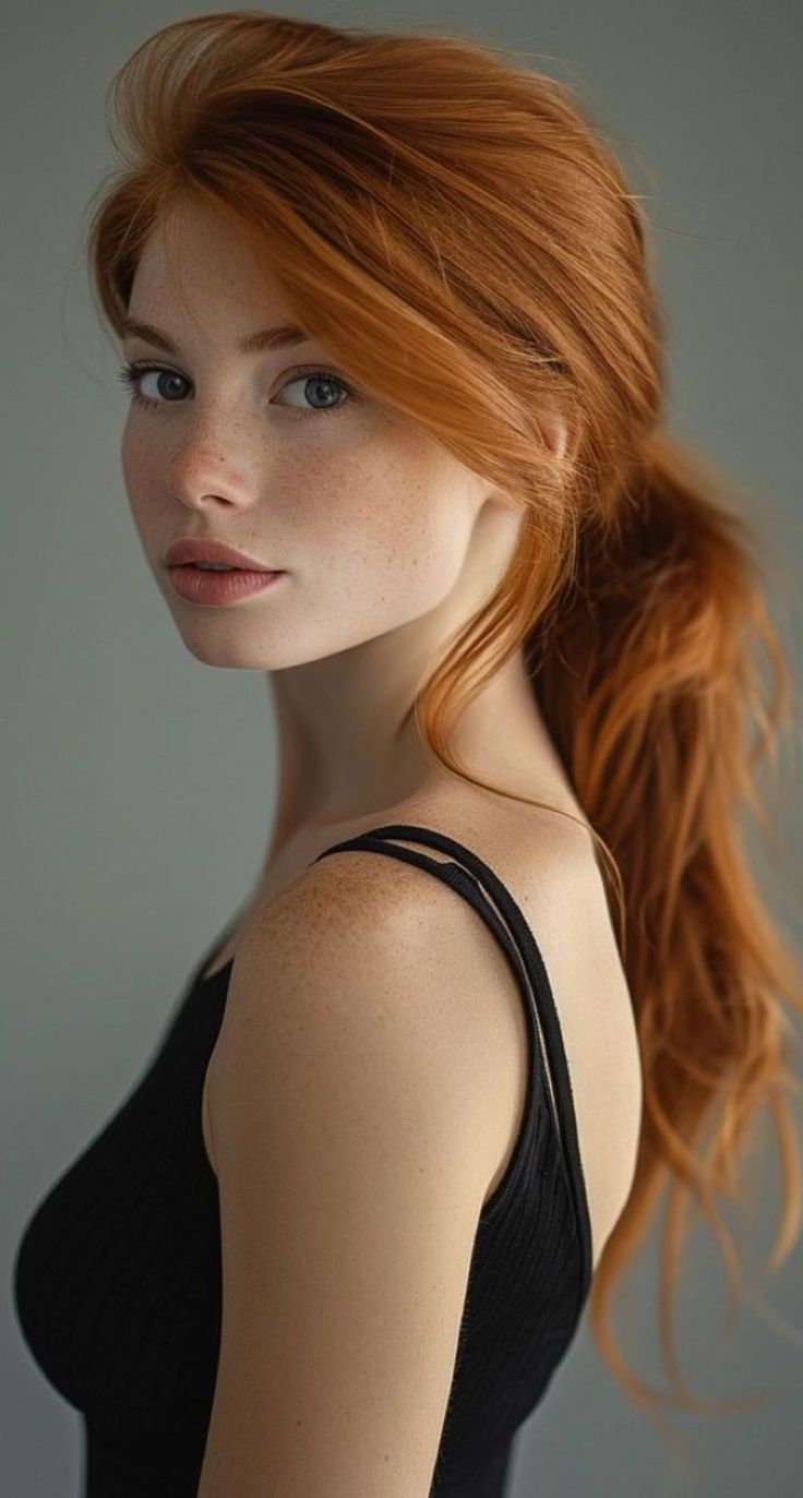 Woman with red hair and freckles wearing a black tank top
