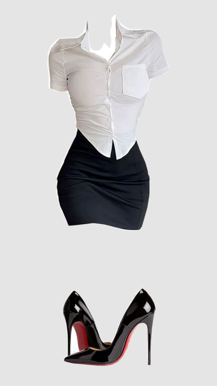 White shirt, black skirt, and black high heels with red soles