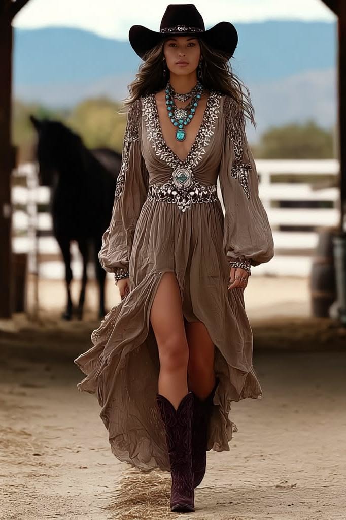 Woman in a cowboy hat and long dress with a horse in the background