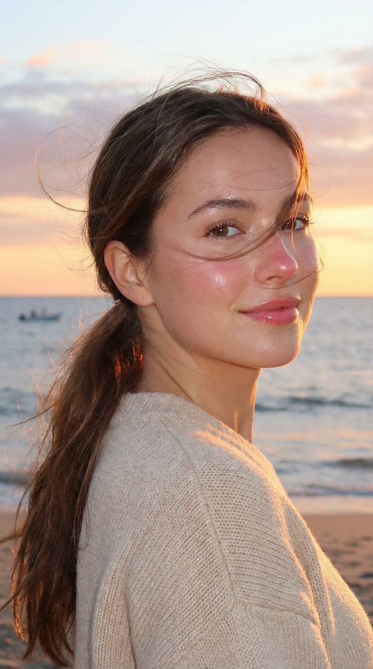 Woman with a ponytail on a beach at golden hour, looking over her shoulder