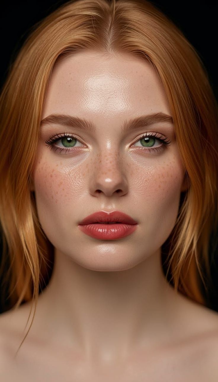 Close up portrait of a woman with red hair, green eyes, and freckles