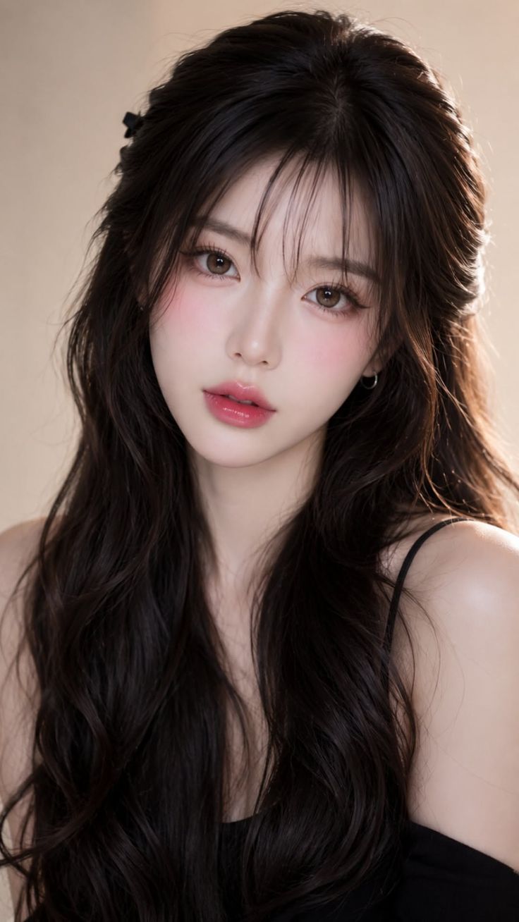 Woman with long wavy black hair and pink makeup in a soft lighting portrait
