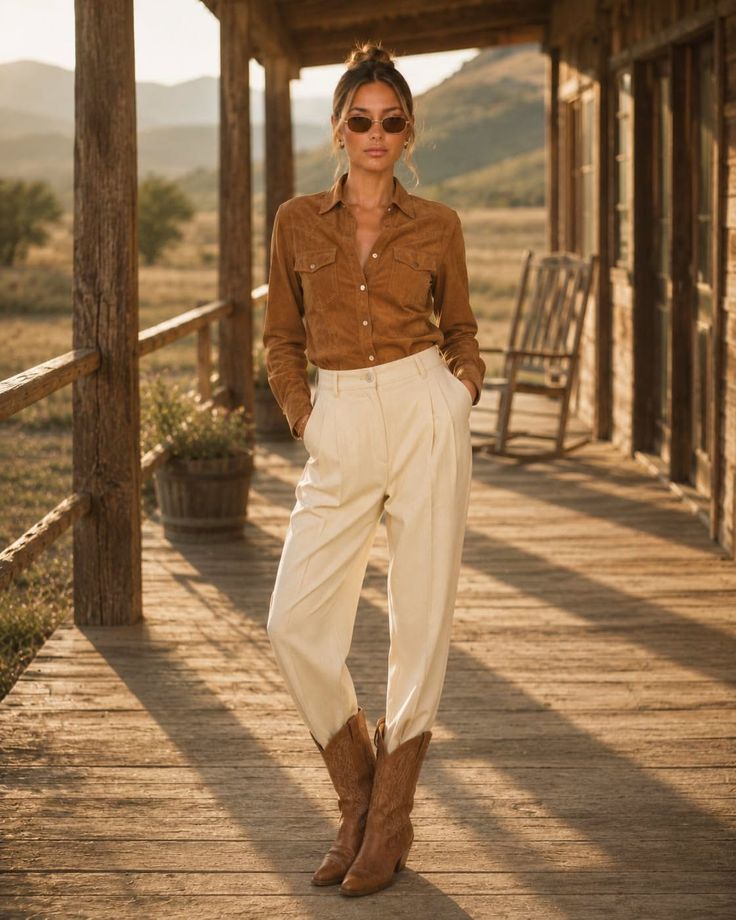 Woman in a brown shirt and white pants with cowboy boots on a wooden porch