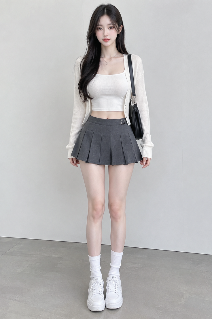 Woman with long black hair wearing a white crop top and pleated skirt