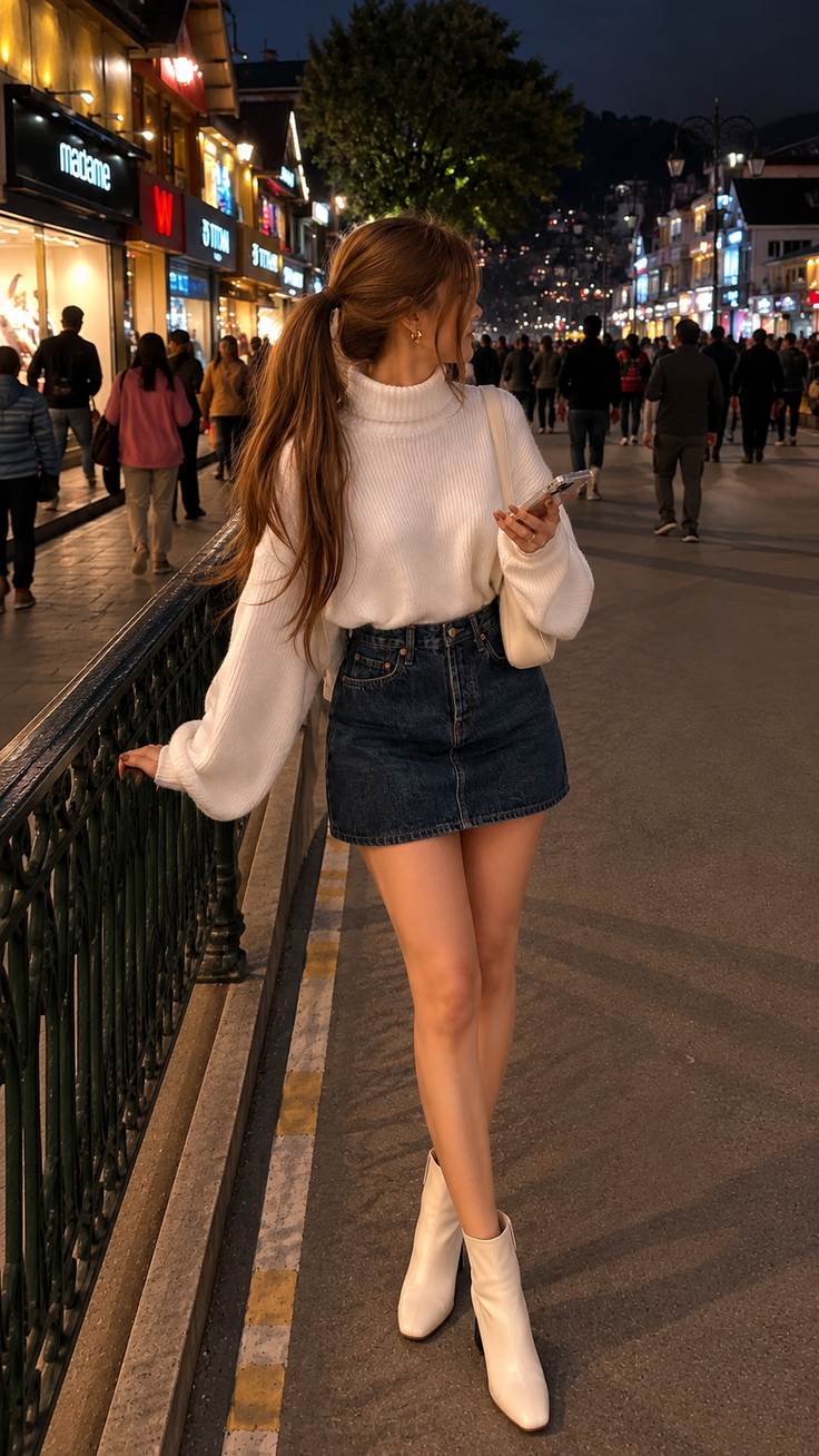 Woman in a white sweater and denim skirt on a busy street at night