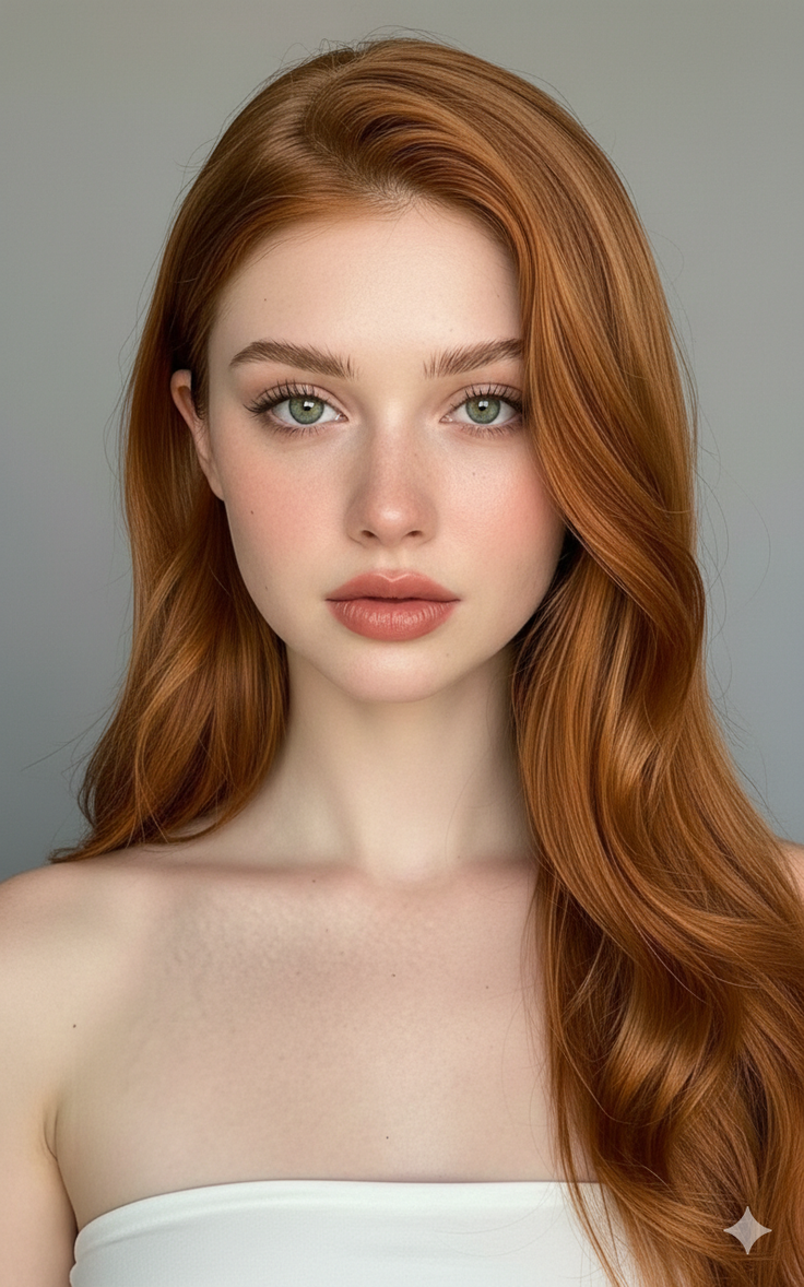 Woman with long red hair and green eyes wearing a white strapless top