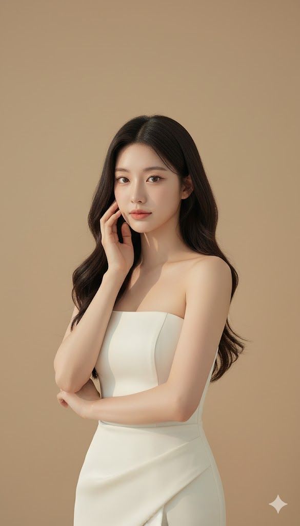 Woman in a white strapless dress posing in a studio with soft lighting