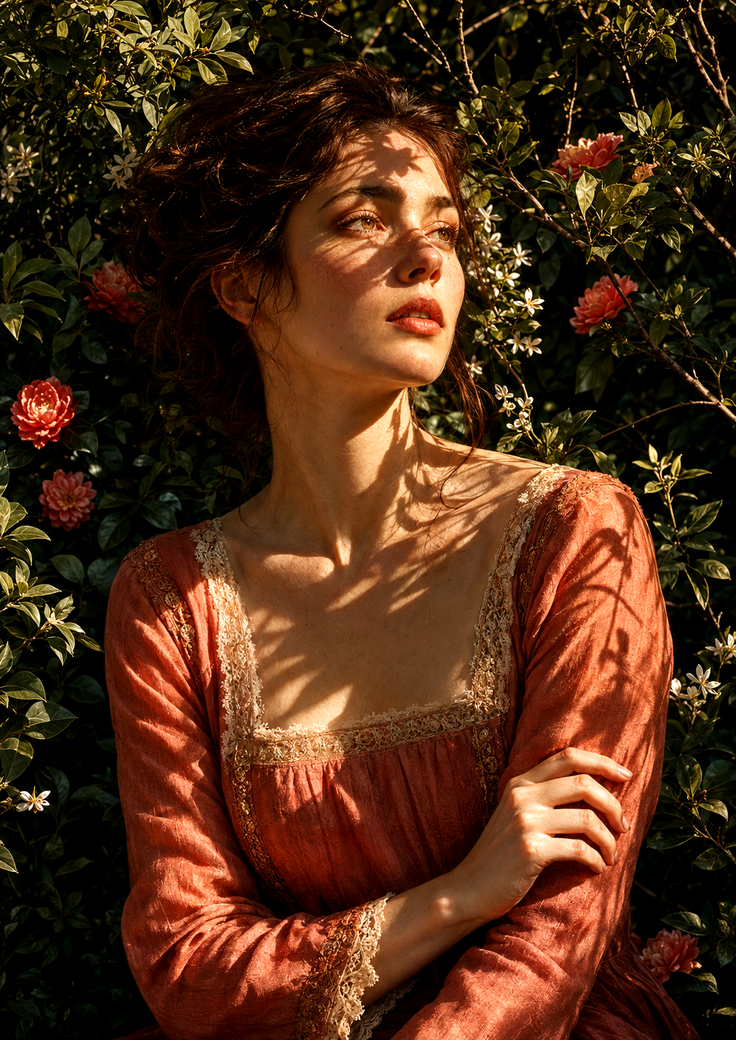 Woman in a red dress with lace trim, bathed in golden hour light and shadows