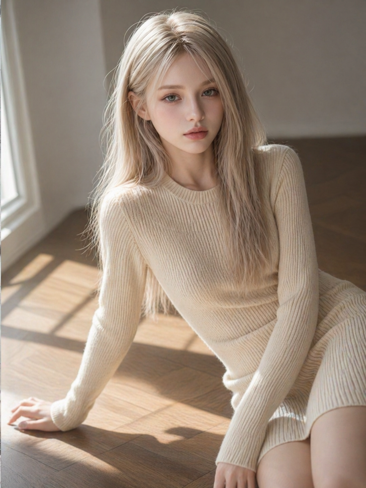 Woman with long blonde hair wearing a ribbed dress, sitting on a wooden floor