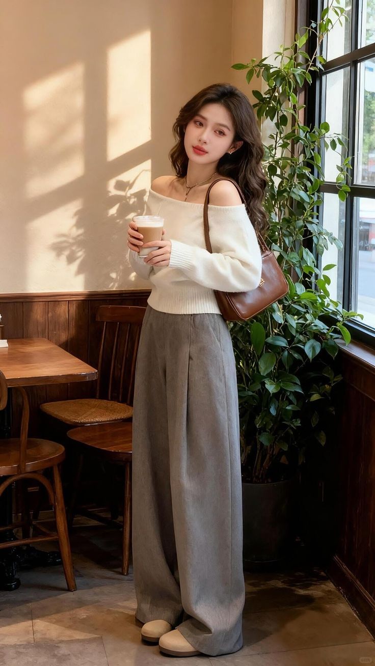Woman in an off-shoulder top and wide-leg pants holding a drink in a cafe