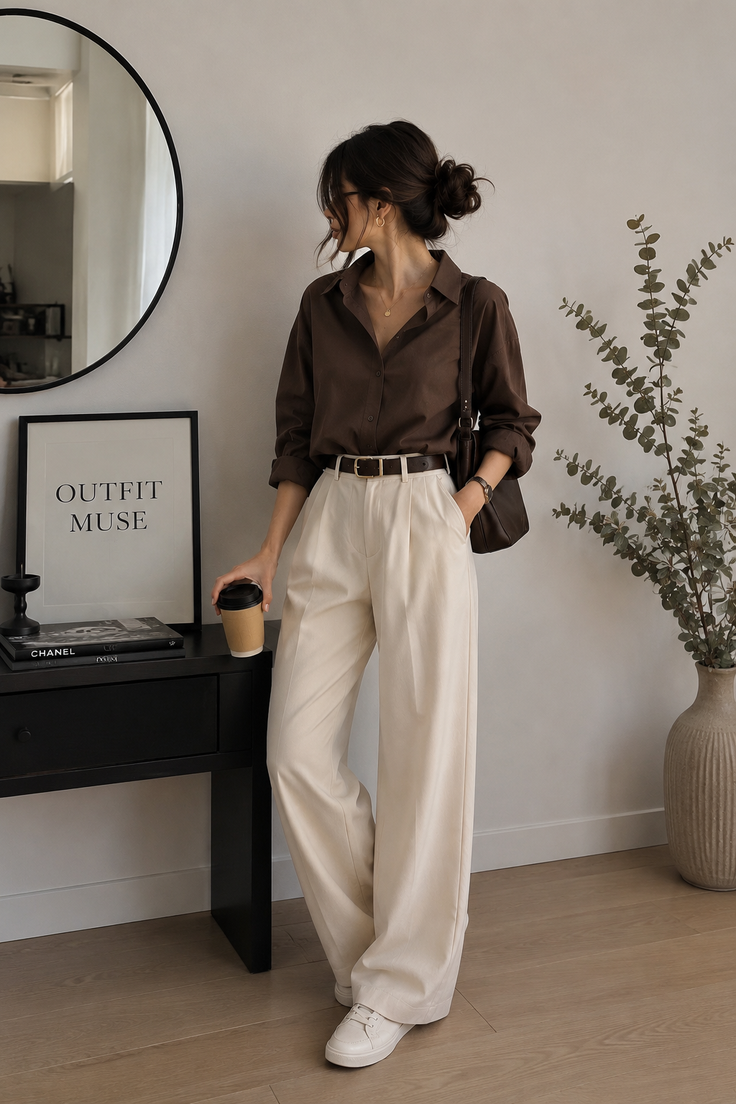 Woman in a brown shirt and wide leg pants holding a coffee cup indoors