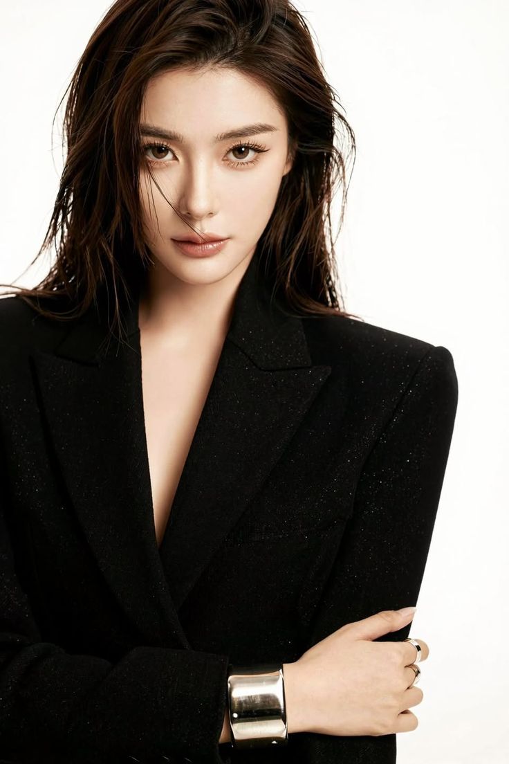 Woman with wet hair wearing a black blazer with a deep V neck and a silver cuff