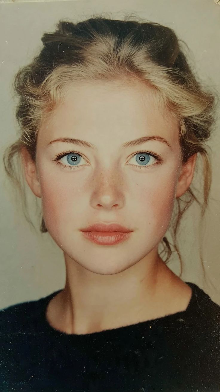 Young woman with blue eyes and freckles in a close-up portrait