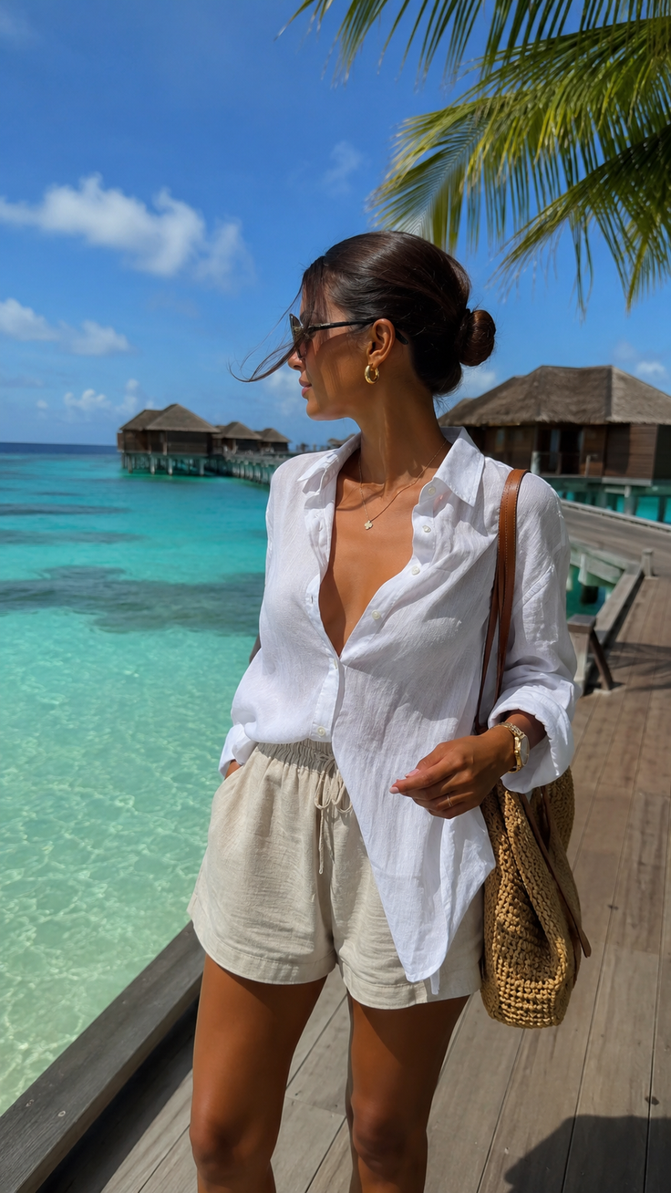 Woman in a white shirt and linen shorts on a boardwalk in the Maldives