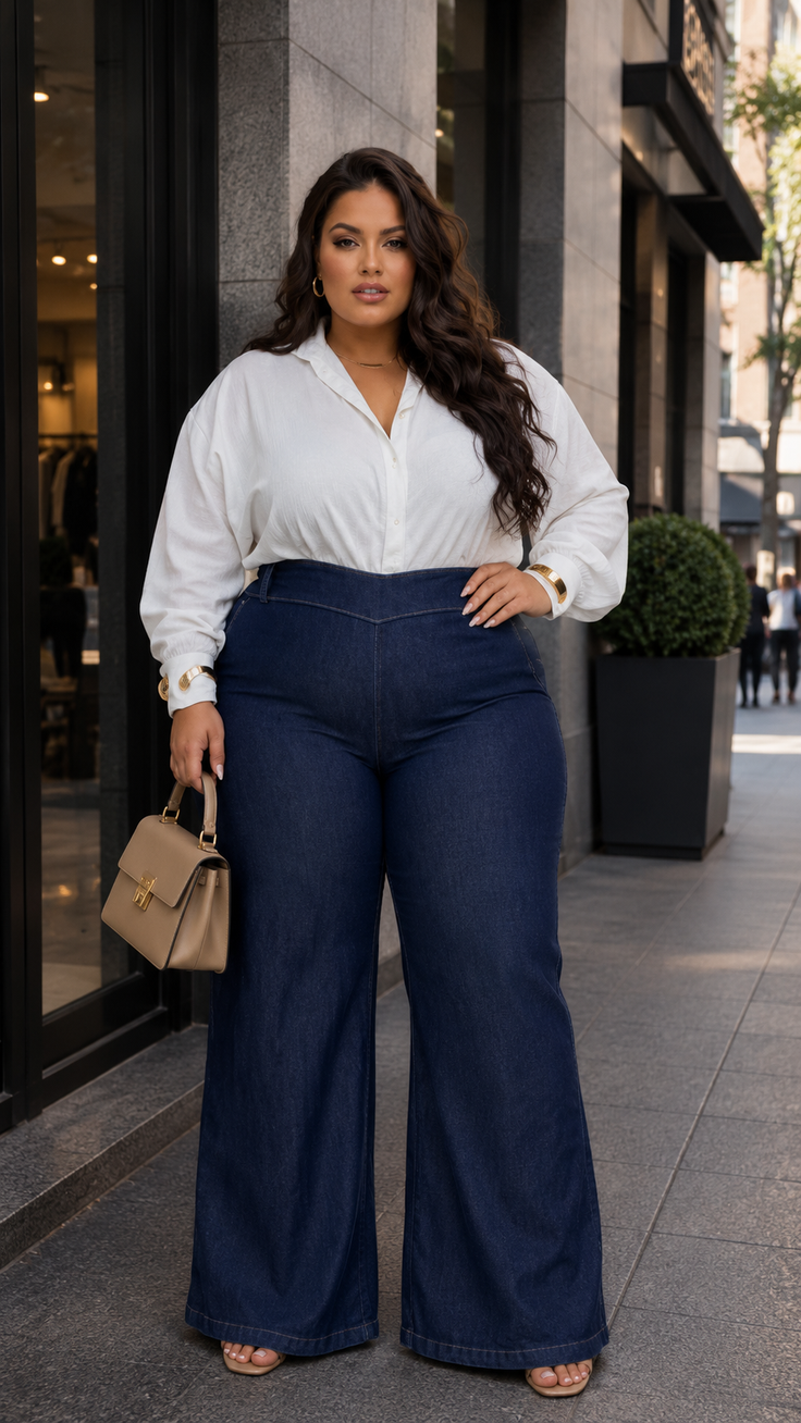 Woman with long dark hair wearing a white shirt and wide leg jeans on a city street