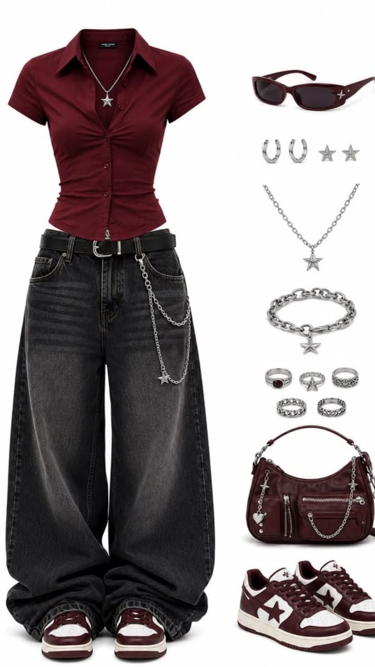 A flat lay of a maroon shirt, baggy jeans, and matching accessories