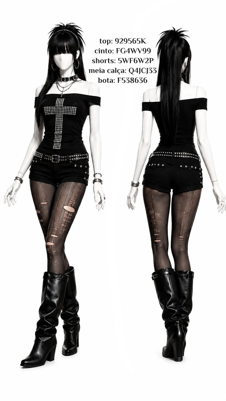 Mannequin displaying a gothic outfit with an off-shoulder top and ripped tights